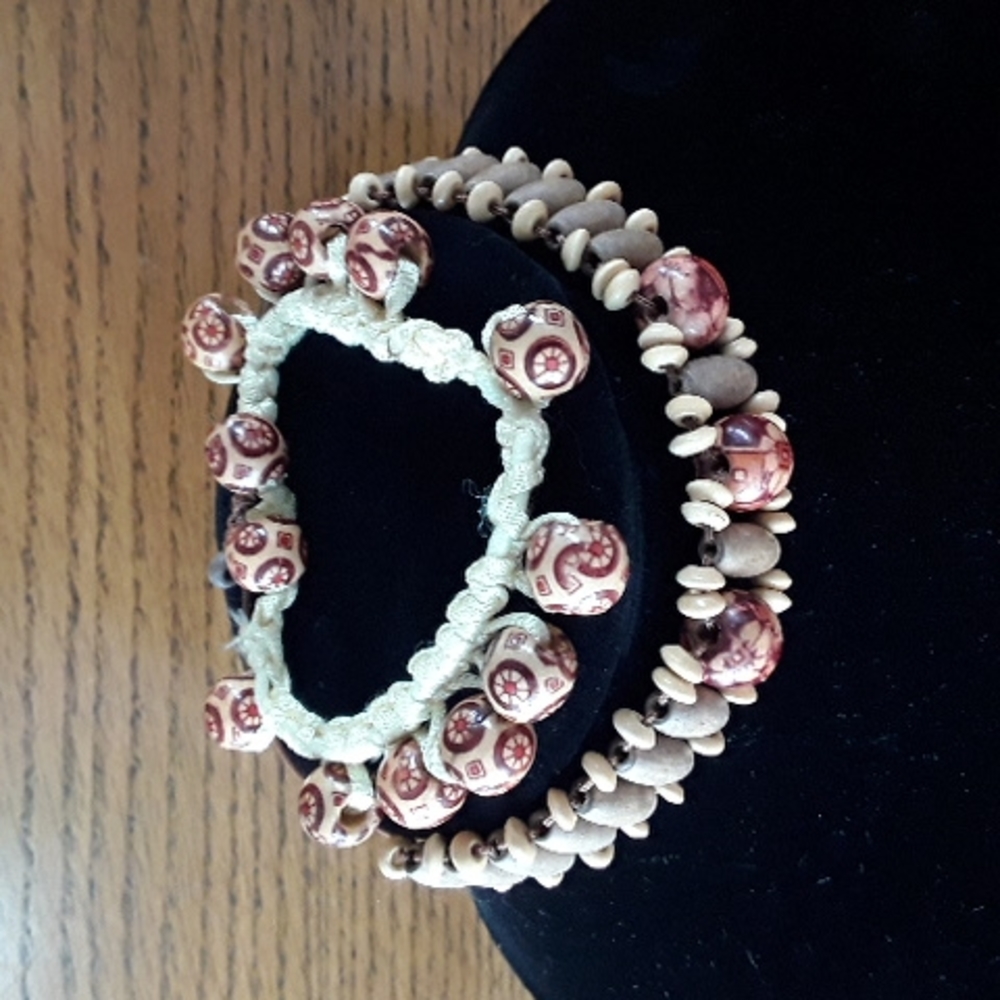 Wagon wheel beads and wood bracelet and anklet set.